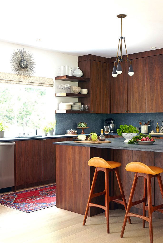 Honed Slate, Honey, & Cherry Red and Wood Kitchen
