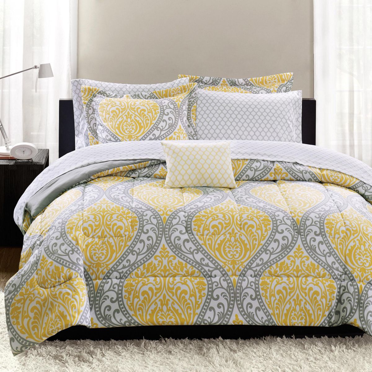 Feminine Damask grey and yellow bedding