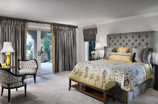 Luxury bedroom with grey and yellow design