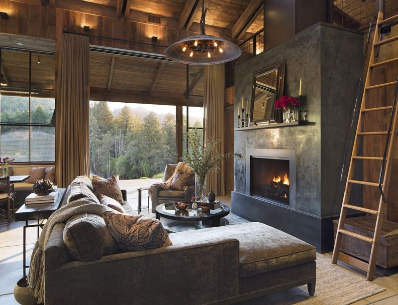 rustic living room with gray velvet sofa