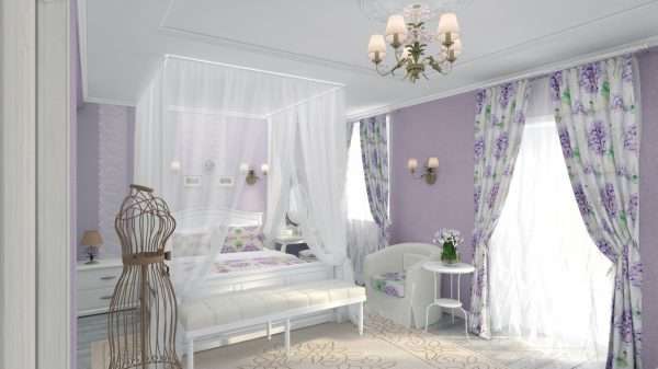 Интерьер спальни в нежно-лиловых тонах, стиль прованс