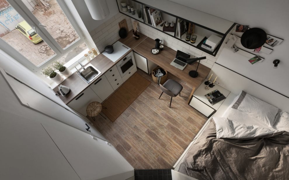 Дизайн квартиры-студии с кухней и кроватью