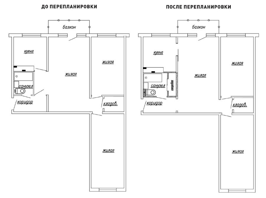 Схема 3-х комнатной квартиры до и после перепланировки