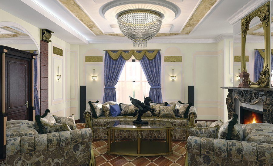 Просторная гостиная в стиле ампир с мебелью серого цвета