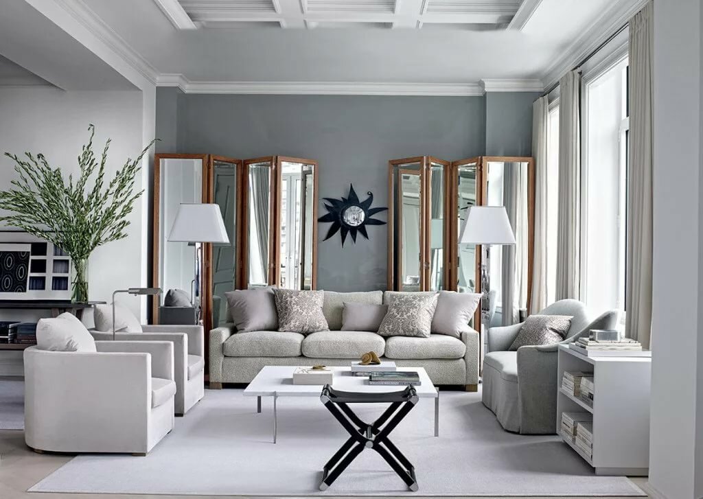 Декор гостиной комнаты в стиле арт деко с обоями серого цвета