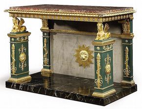 Empire Style Gilt-Bronze Painted and Parcel Gilt Mahogany Console The later mottled rectangular marble top above a frieze inset with three drawers, r…