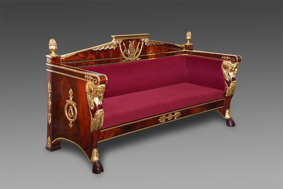 Empire Style Gilt-Bronze Painted and Parcel Gilt Mahogany Console The later mottled rectangular marble top above a frieze inset with three drawers, r…