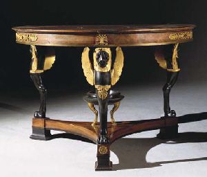 Empire Style Gilt-Bronze Painted and Parcel Gilt Mahogany Console The later mottled rectangular marble top above a frieze inset with three drawers, r…