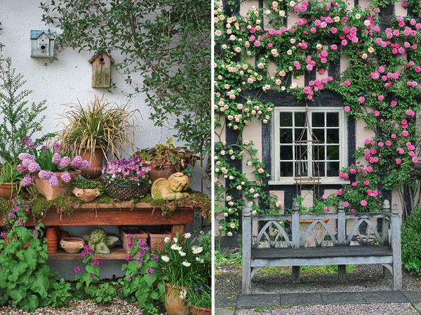 Слева: контейнерные композиции &amp;amp;mdash; важное сезонное украшение коттеджного сада.
Справа: красивоцветущие лианы помогают стереть грань между домом и садом