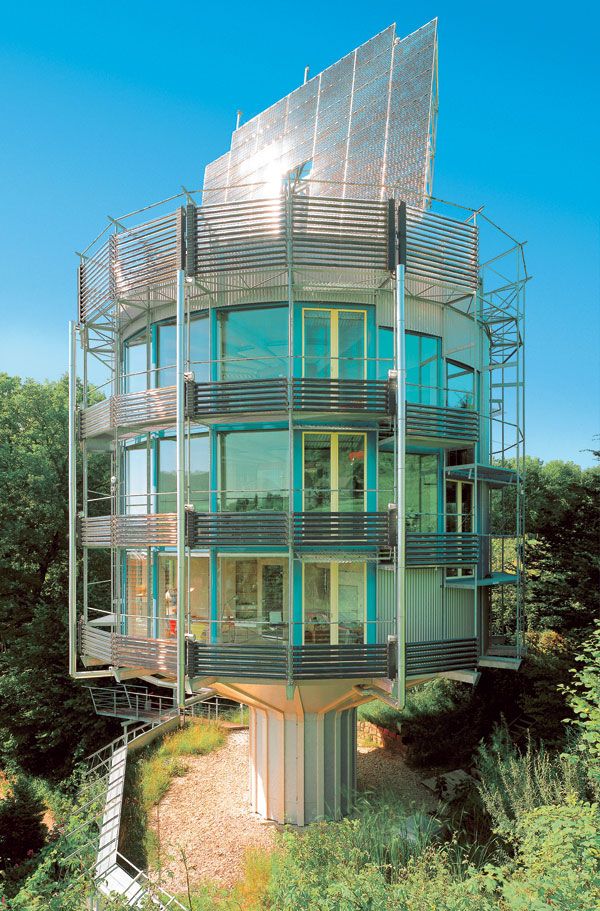 The Heliotrope is an environmentally friendly house designed by the German architect Rolf Disch. Photo credit: CC-BY-SA-3.0; Released under the GNU Free Documentation License. Source
