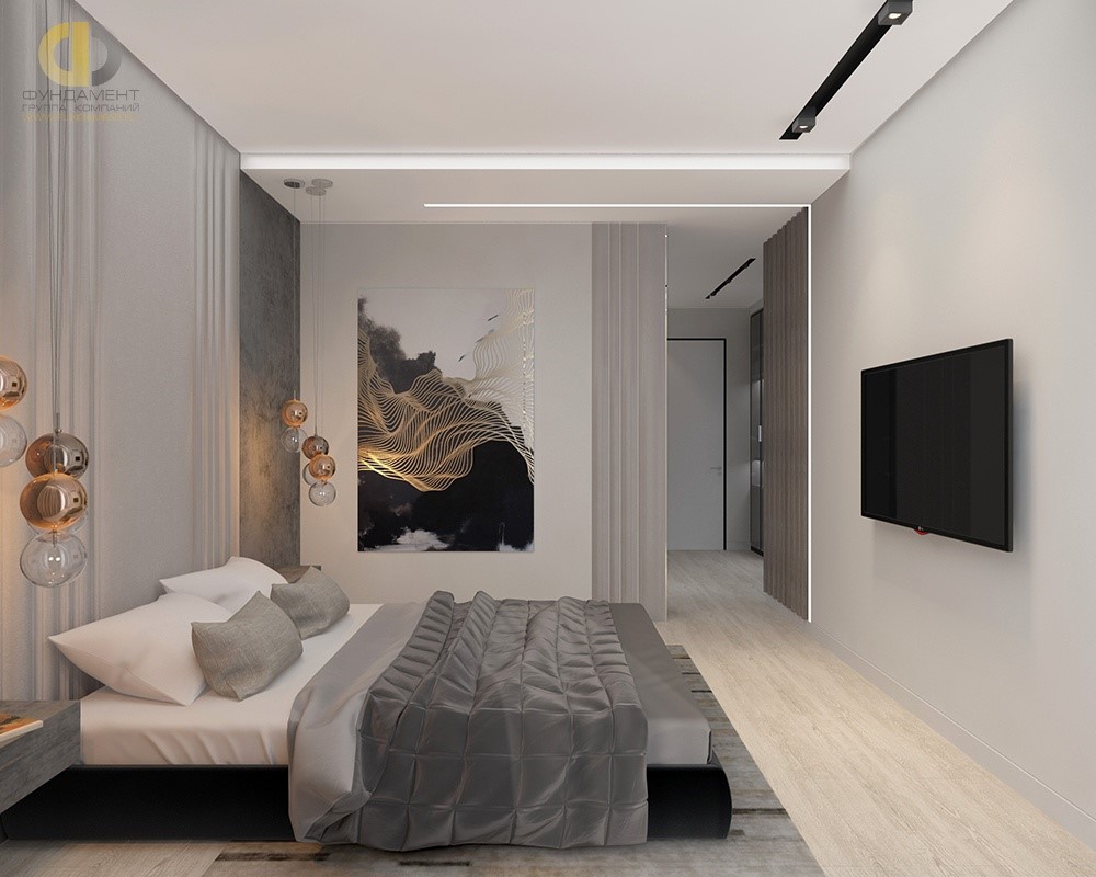 Современная спальня с подвесными шарообразными светильниками. Фото 2018