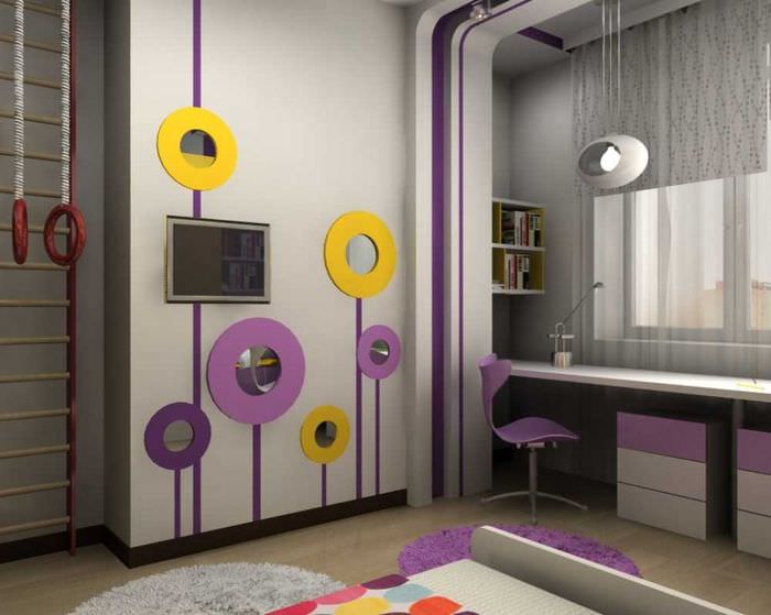 яркий дизайн спальни в фиолетовом цвете