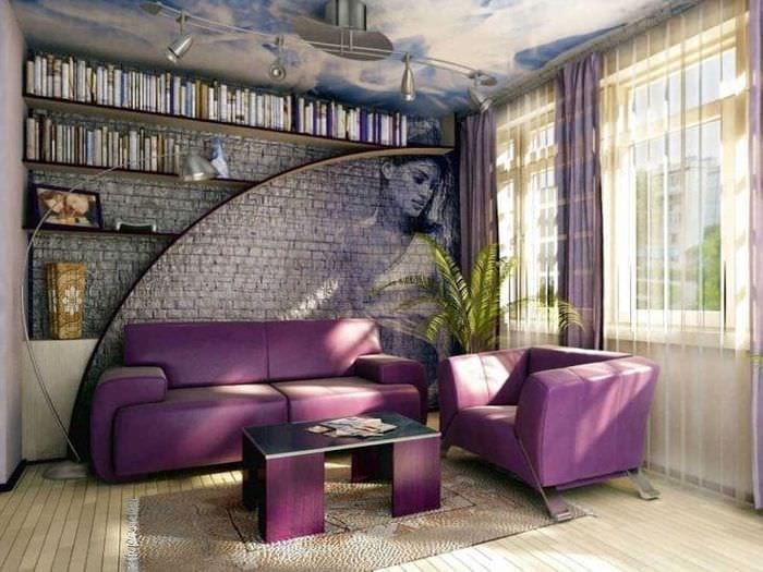 светлый декор гостиной в фиолетовом цвете