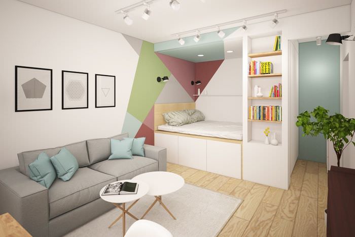 Кровать на подиуме в дизайне однокомнатной квартиры