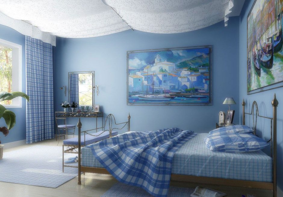 Стильные голубые обои в спальне